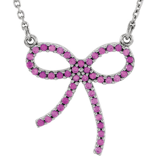 14 Karat White Gold Pink Sapphire Bow 16 inch Necklace