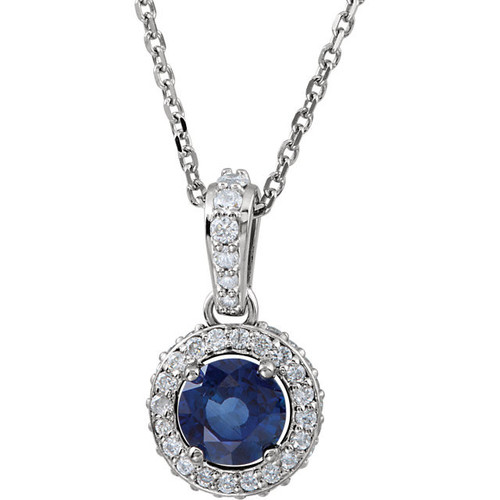 14 Karat White Gold Blue Sapphire and 0.20 Carat Diamond 18 inch Necklace