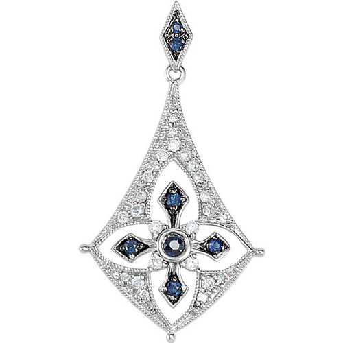 Sterling Silver Blue Sapphire and 00.17 Carat Diamond Pendant