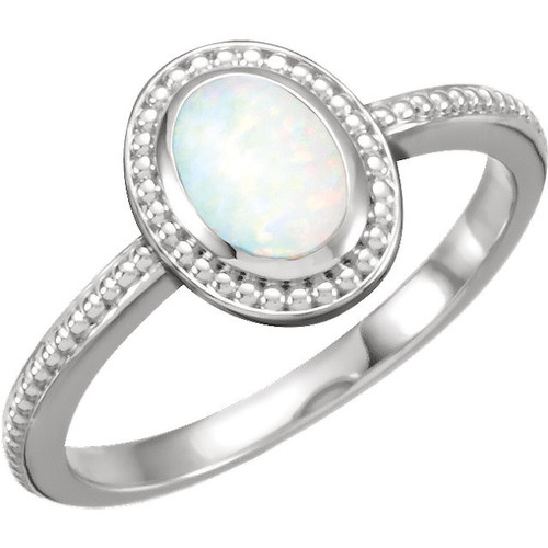 14 Karat White Gold Fire Opal Beaded Cabochon Ring