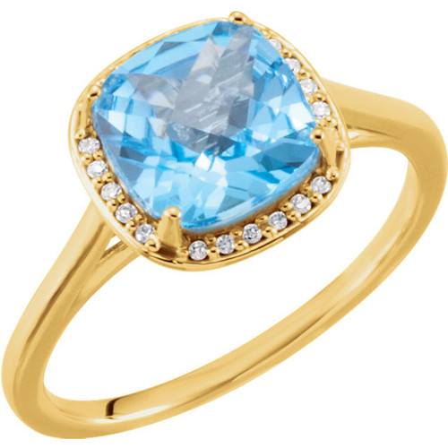 Blue Topaz in 14 Karat Yellow Gold Swiss  Blue Topaz and .055 Carat Diamond Halo Style Ring