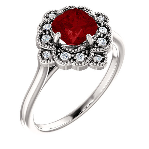 14 Karat White Gold Lab Ruby Gem and 0.10 Carat Diamond Ring