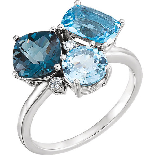 14 Karat White Gold Swiss, London, and Sky Blue Topaz and .05 Carat Diamond Ring