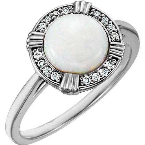 14 Karat White Gold Fire Opal and .08 Carat Diamond Ring