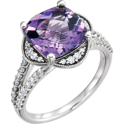 Genuine AAA Amethyst and 0.40 Carat Diamond Ring set in 14 Karat White Gold