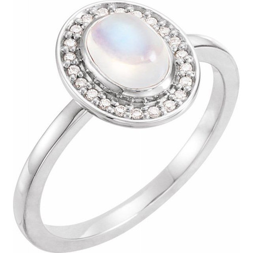 Platinum Rainbow Moonstone & 0.10 Carat Diamond Halo Style Ring
