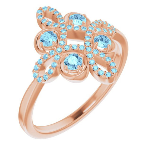 14 Karat Rose Gold Aquamarine and 0.17 Carat Diamond Clover Ring