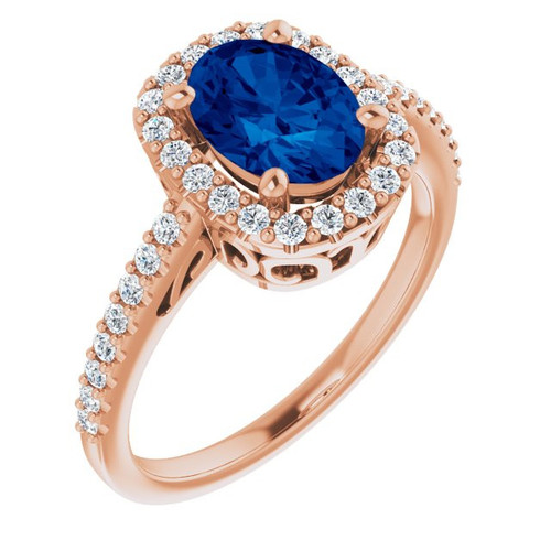 Lab Blue Sapphire set 14 Karat Rose Gold Lab Sapphire and 0.33 Carat Diamond Ring