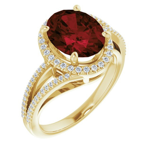 Red Garnet Ring in 14 Karat Yellow Gold Mozambique Garnet and 0.25 Carat Diamond Ring