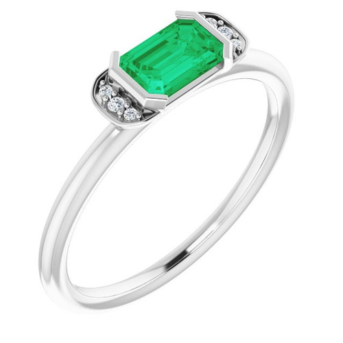 Emerald Gemstone Ring in Platinum Emerald and .02 Carat Diamond Stackable Ring
