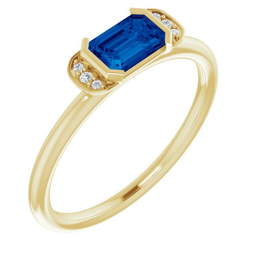 Lab Blue Sapphire set in 14 Karat Yellow Gold Blue Sapphire and .02 Carat Diamond Ring