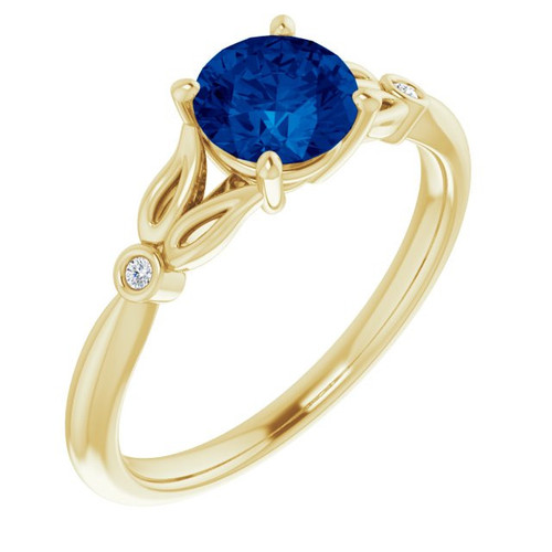 Genuine Created Sapphire Ring in 14 Karat Yellow Gold Chatham Created Genuine Sapphire & .02 Carat Diamond Ring  