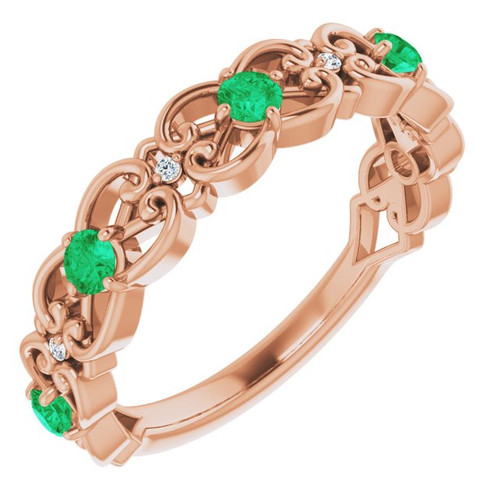 14 Karat Rose Gold Emerald and .02 Carat Diamond Vintage Inspired Scroll Ring