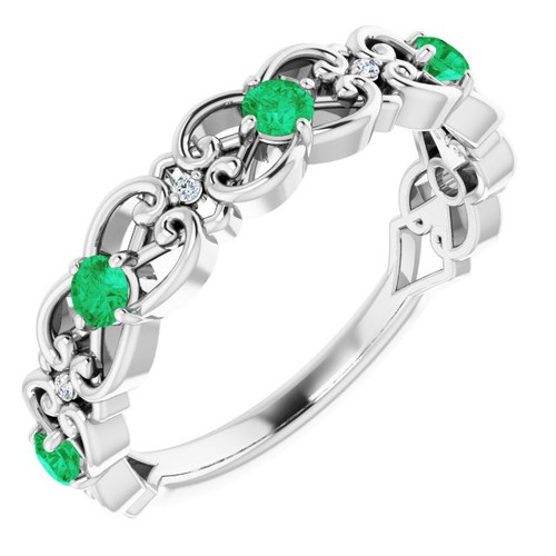 Lab Emerald Gemstone in Platinum Emerald and .02 Carat Diamond Vintage Inspired Scroll Ring