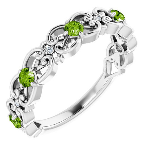 Peridot Gemstone Ring in Platinum Peridot and .02 Carat Diamond Vintage Inspired Scroll Ring