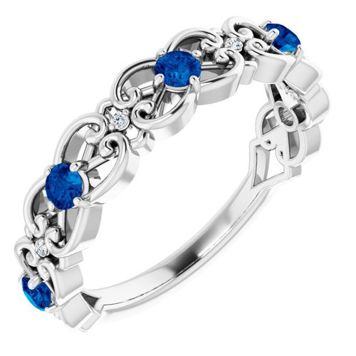 Lab Blue Sapphire set 14 Karat White Gold Lab Created Sapphire and .02 Carat Diamond Vintage Inspired Scroll Ring