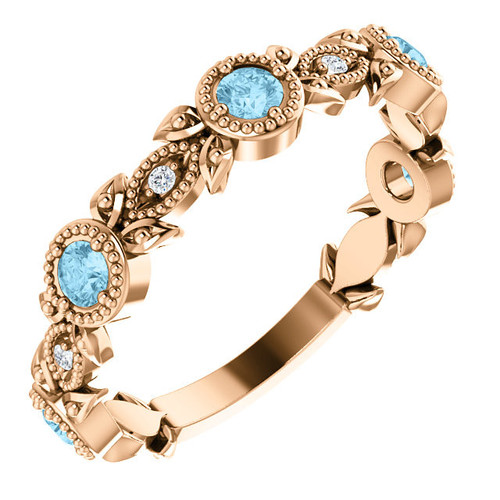 Buy 14 Karat Rose Gold Aquamarine and .03 Carat Diamond Leaf Ring