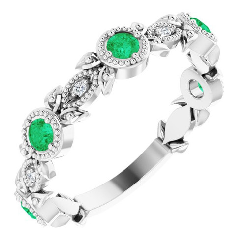 14 Karat White Gold Emerald and .03 Carat Diamond Leaf Ring