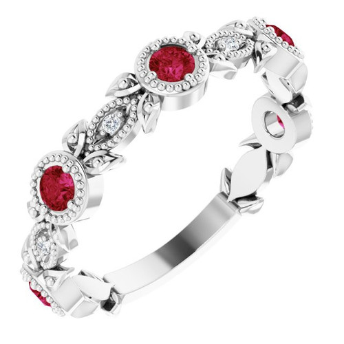 Natural Ruby in 14 Karat White Gold Ruby and .03 Carat Diamond Leaf Ring