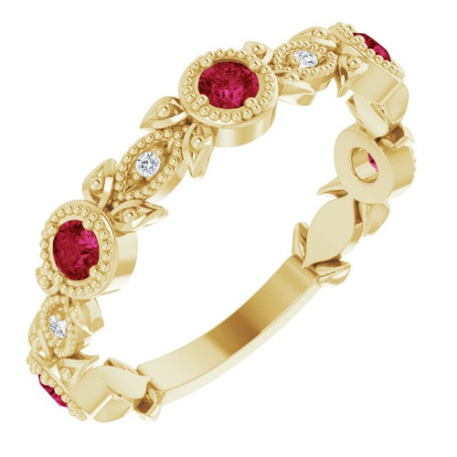 Natural Ruby in 14 Karat Yellow Gold Ruby and .03 Carat Diamond Leaf Ring