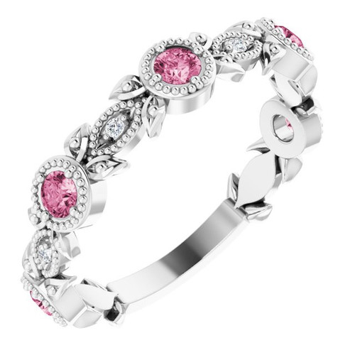 Pink Tourmaline in 14 Karat White Gold Pink Tourmaline and .03 Carat Diamond Leaf Ring