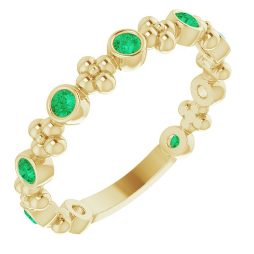14 Karat Yellow Gold Emerald Garnet Beaded Ring