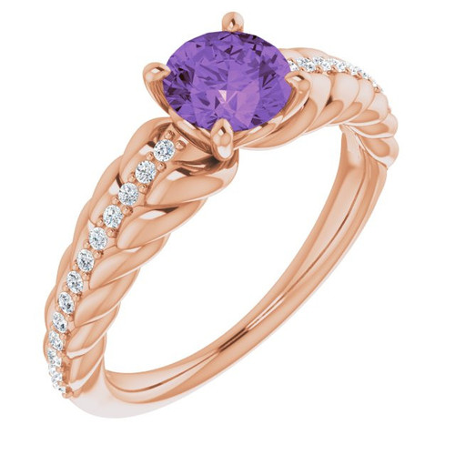 Genuine AAA Amethyst and 0.15 Carat Diamond Ring set in 14 Karat Rose Gold