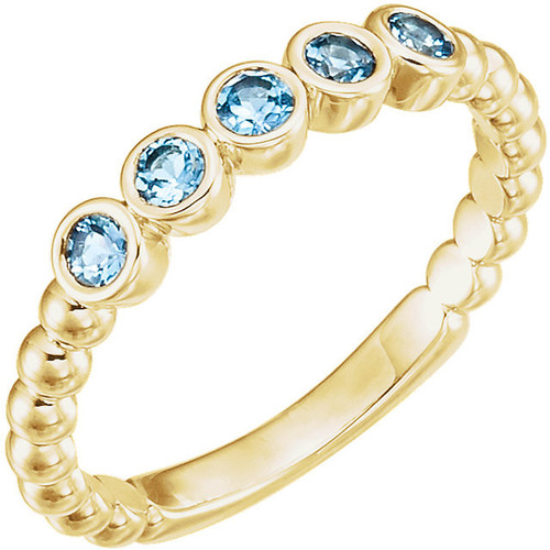 14 Karat Yellow Gold Aquamarine Bezel-Set Beaded Ring