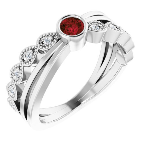 Platinum Garnet and .05 Carat Diamond Ring