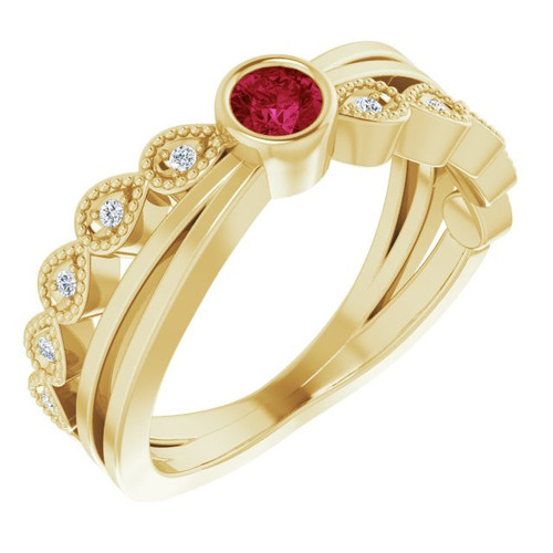 Natural Ruby in 14 Karat Yellow Gold Ruby and .05 Carat Diamond Ring