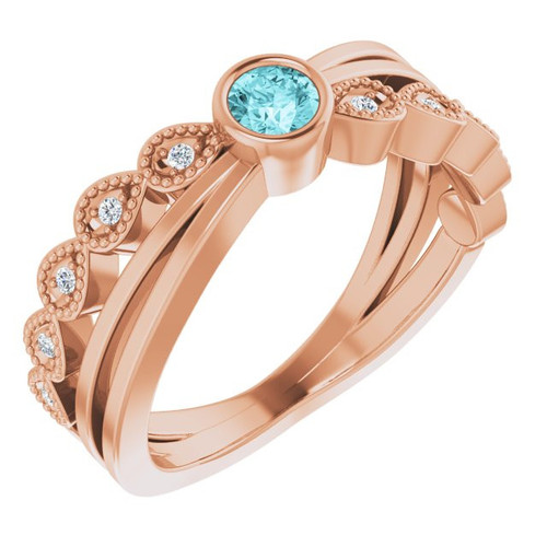 Blue Zircon in 14 Karat Rose Gold Blue Zircon and .05 Carat Diamond Ring