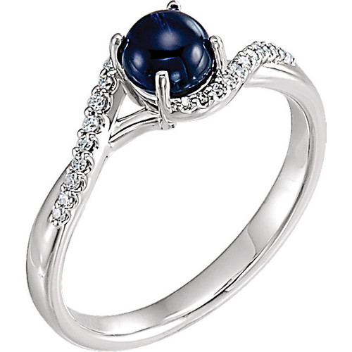 Platinum Cabochon Blue Sapphire and .08 Carat Diamond Ring