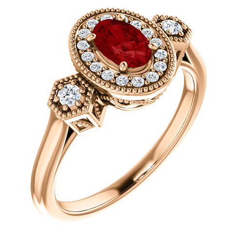 Genuine 14 Karat Rose Gold Genuine Ruby and 0.17 Carat Diamond Ring