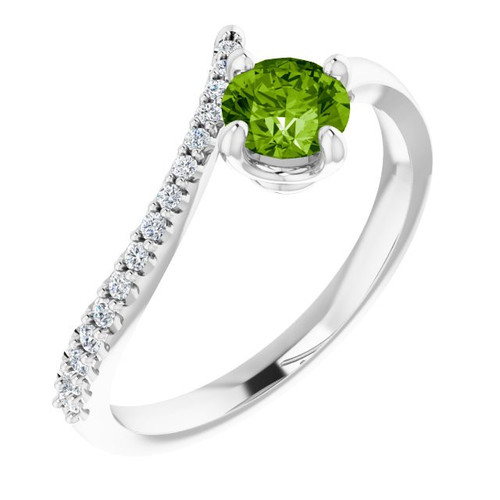 Peridot Gemstone Ring in Platinum Peridot and 0.10 Carat Diamond Bypass Ring