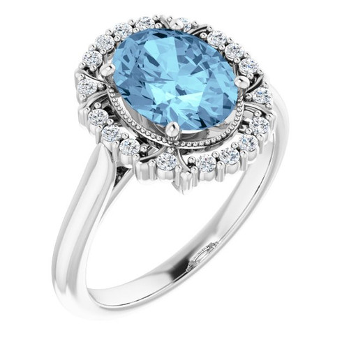 Genuine Aquamarine Ring in Platinum Aquamarine and 0.16 Carat Diamond Ring