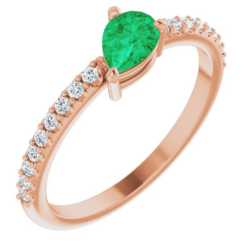 14 Karat Rose Gold Lab Created Emerald and 0.17 Carat Diamond Ring