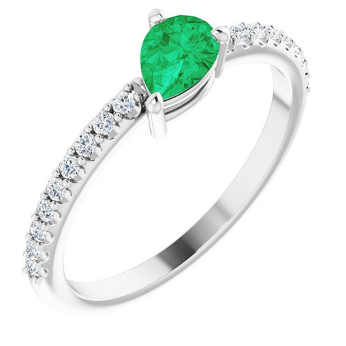 Lab Emerald Gemstone in Sterling Silver Emerald and 0.17 Carat Diamond Ring