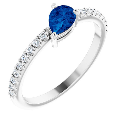 Lab Blue Sapphire set 14 Karat White Gold Lab Created Sapphire and 0.17 Carat Diamond Ring