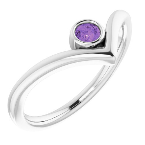 Platinum Genuine AAA Amethyst Solitaire Bezel Set V Ring