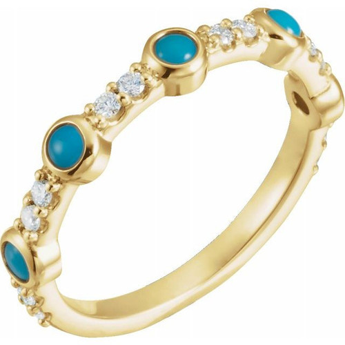 Turquoise Ring in 14 Karat Yellow Gold Cabochon Turquoise and 0.2 Carat Diamond Ring