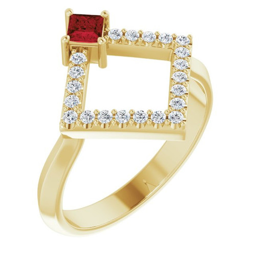 14 Karat Yellow Gold Garnet and 0.20 Carat Diamond Geometric Ring