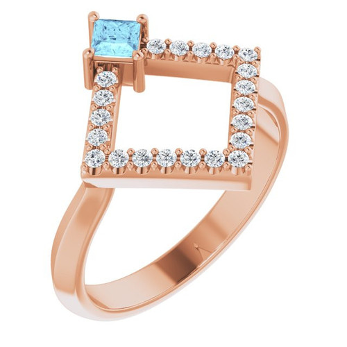 14 Karat Rose Gold Aquamarine and 0.20 Carat Diamond Geometric Ring