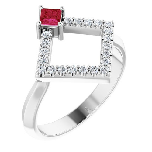 Ruby Sterling Silver Ruby and 0.20 Carat Diamond Geometric Ring
