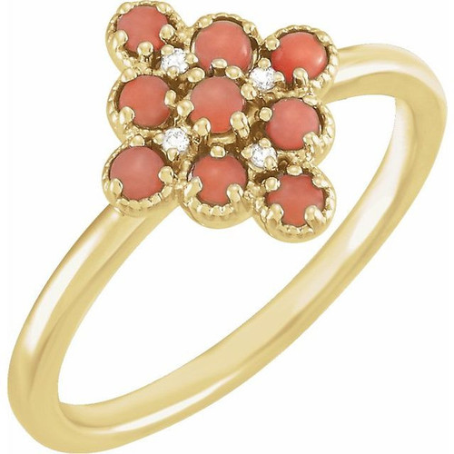 Pink Coral Ring in 14 Karat Yellow Gold Cabochon Pink Coral and .02 Carat Diamond Ring