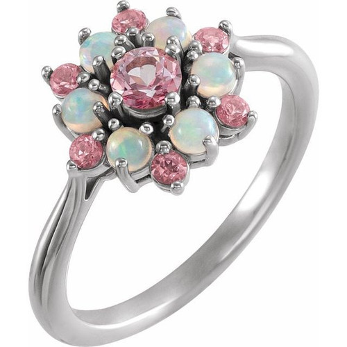 Blue Topaz in 14 Karat White Gold Baby Pink Blue Topaz and Ethiopian Fire Opal Floral Inspired Ring