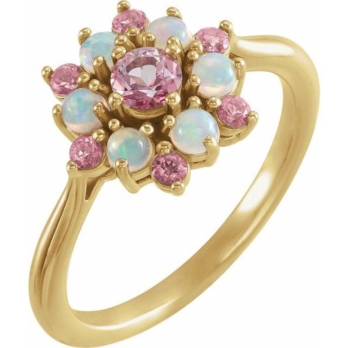 Blue Topaz in 14 Karat Yellow Gold Baby Pink Blue Topaz & Ethiopian Fire Opal Floral-Inspired Ring