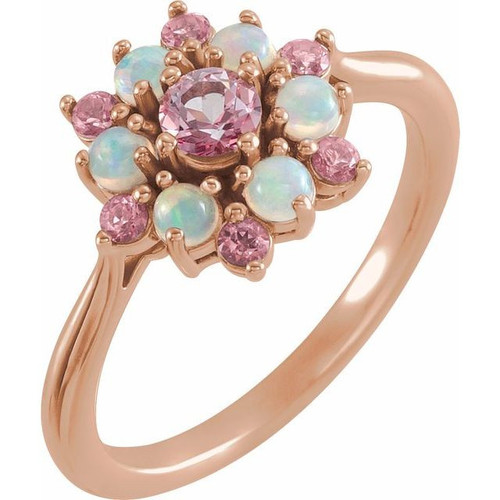 Blue Topaz in 14 Karat Rose Gold Baby Pink Blue Topaz and Ethiopian Fire Opal Floral Inspired Ring