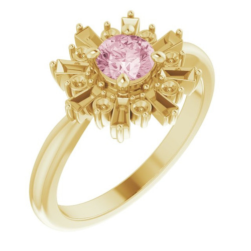 Pink Morganite Ring in 14 Karat Yellow Gold 5 mm Round Pink Morganite and 0.37 Carat Diamond Ring