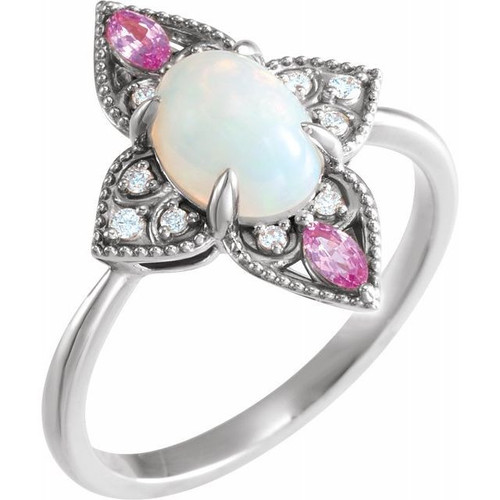 Fire Opal Ring in Sterling Silver Ethiopian Fire Opal, Pink Sapphire and .05 Carat Diamond Vintage Inspired Ring