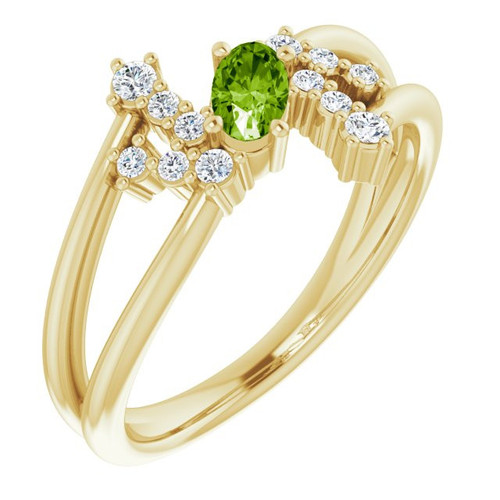 Peridot in 14 Karat Yellow Gold Peridot and 0.15 Carat Diamond Bypass Ring